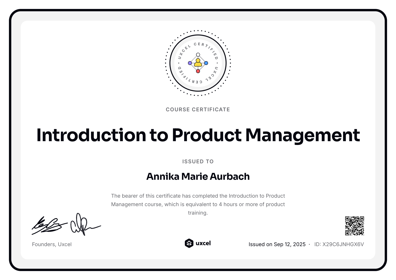 Annika Marie Aurbach's certificate